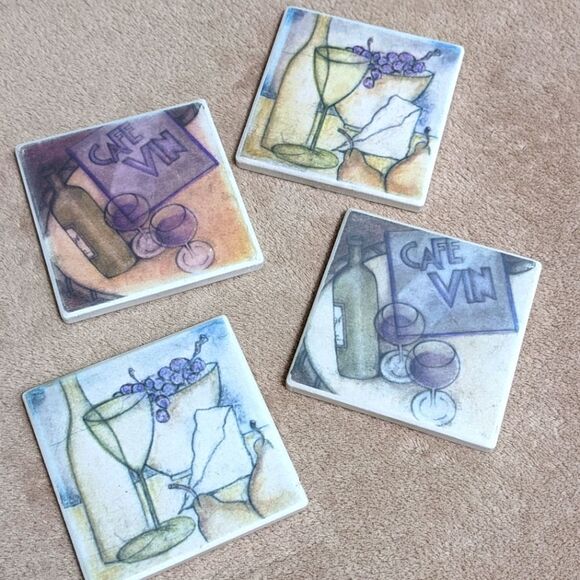 NWOT Beautiful Ceramic Wine Motif Drink Coasters - Qty 4 - Picture 1 of 6